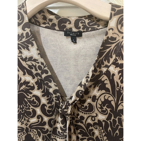 Talbots Blouse Size Large Womens Multicolor Silk Long Sleeve BROWN V Neck Tie - Picture 2 of 6